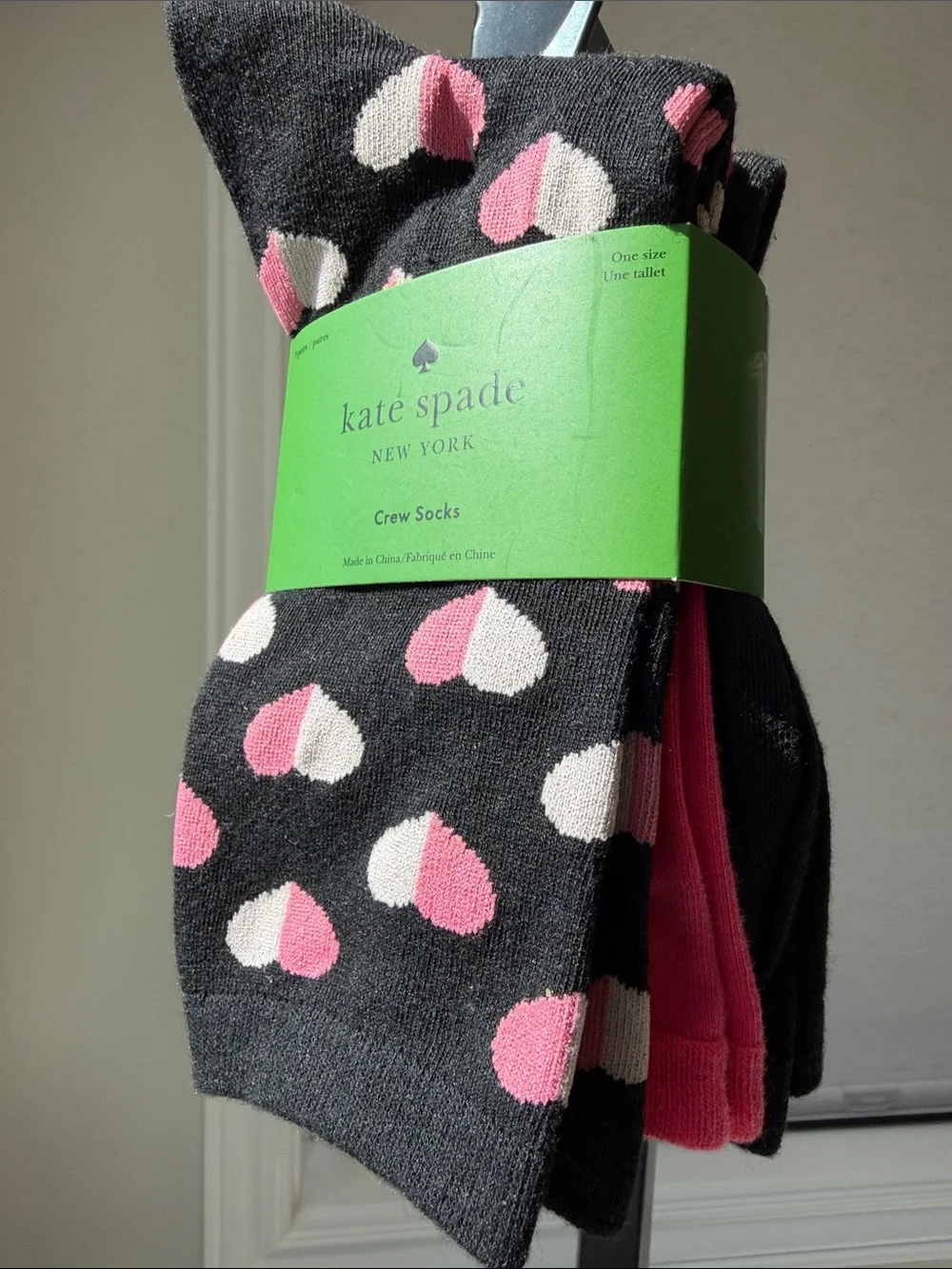 kate spade Black Crew Socks with Pink Heart Motif - 3 Pack
